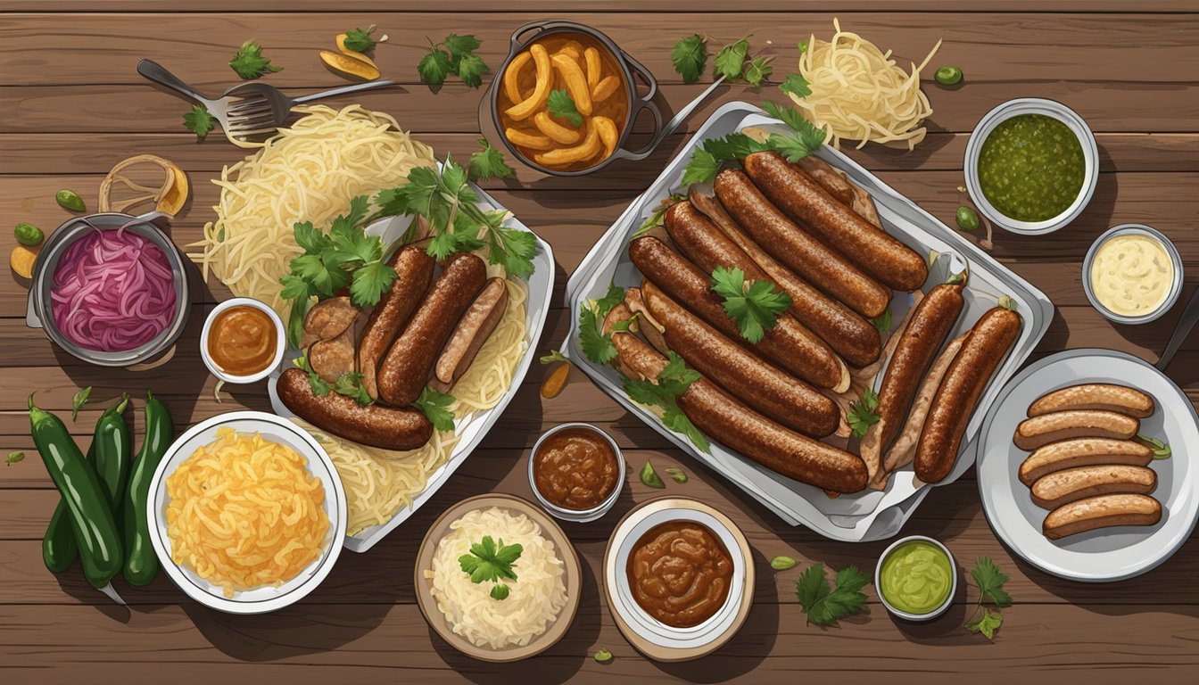 A colorful spread of bratwurst, barbecue ribs, sauerkraut, and jalapeno-infused dishes on a rustic wooden table