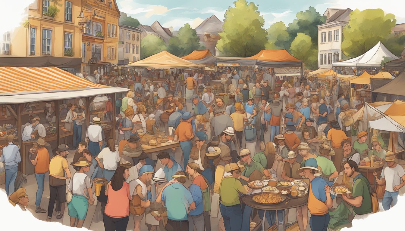 A bustling festival scene with people in traditional German Texan attire, enjoying food, crafts, and beer