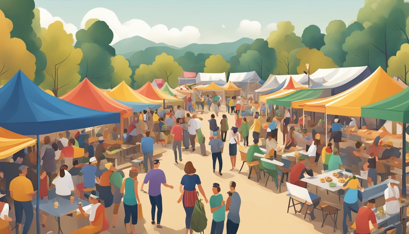 A bustling outdoor festival with colorful tents, food stalls, and beer gardens. People gather to enjoy traditional German Texan cuisine and celebrate special events