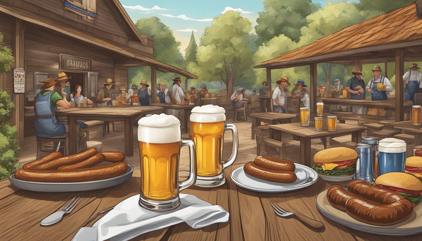 A German beer garden meets a Texan BBQ joint, with sausages and brisket on a communal table, surrounded by beer steins and cowboy hats