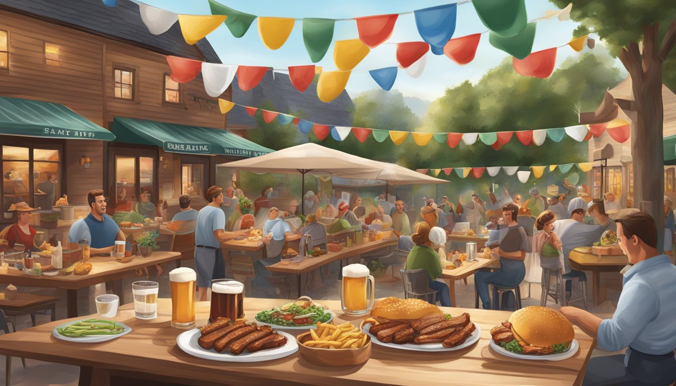 A festive outdoor scene with a Texas barbecue and German beer garden merging, featuring a mix of traditional German and Texan dishes