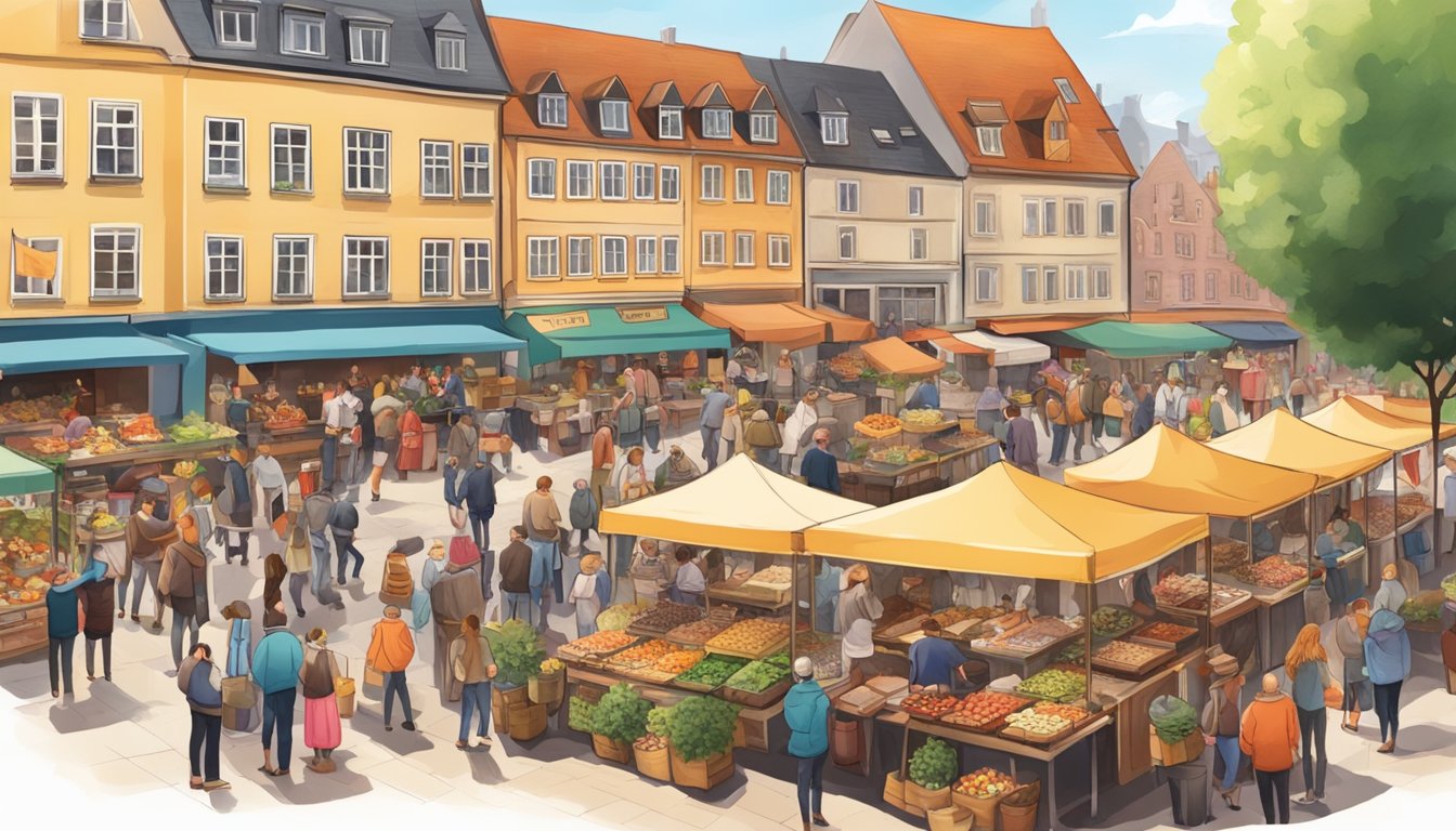 A bustling outdoor market with traditional German food stalls and live music, surrounded by people enjoying the festivities