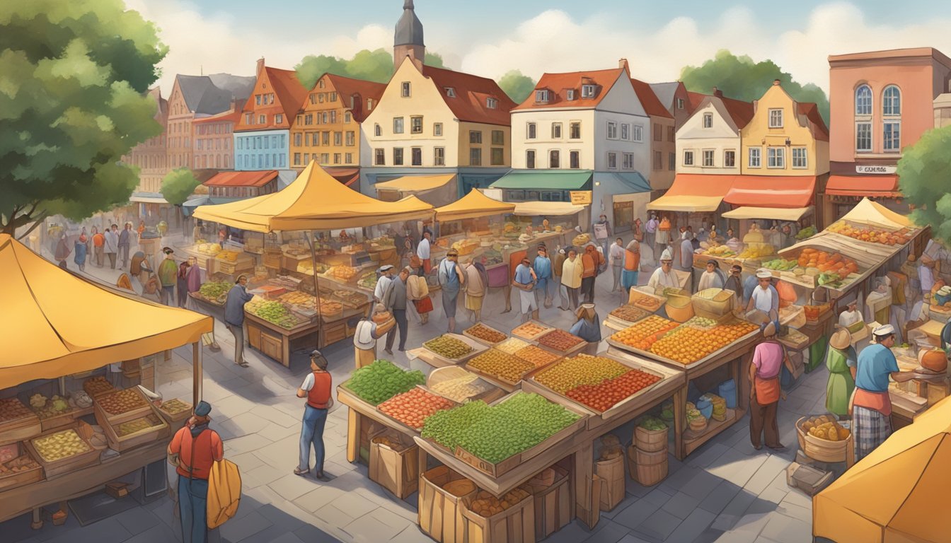 A bustling market with colorful stalls selling German Texan food and crafts, surrounded by lively music and traditional dance performances