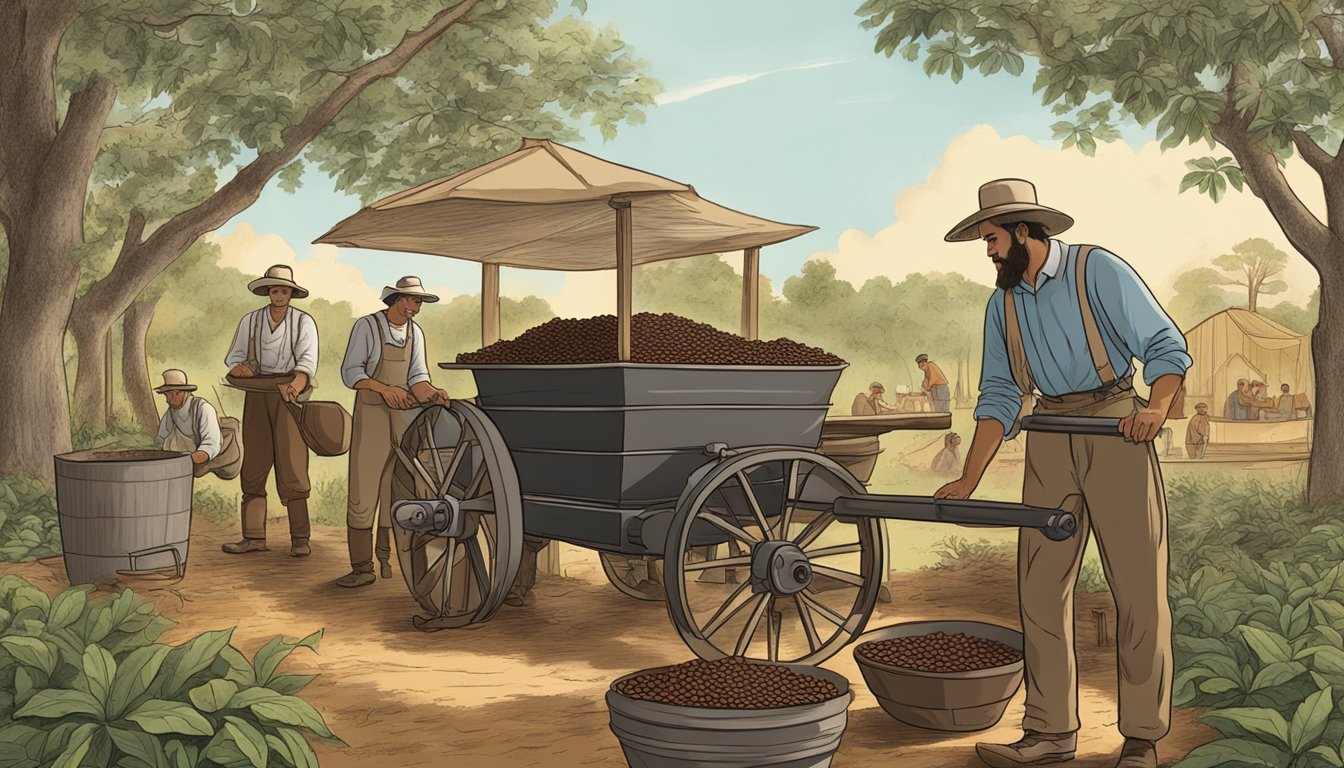 German immigrants harvesting and roasting coffee beans in a Texas plantation, with traditional German coffee brewing methods on display