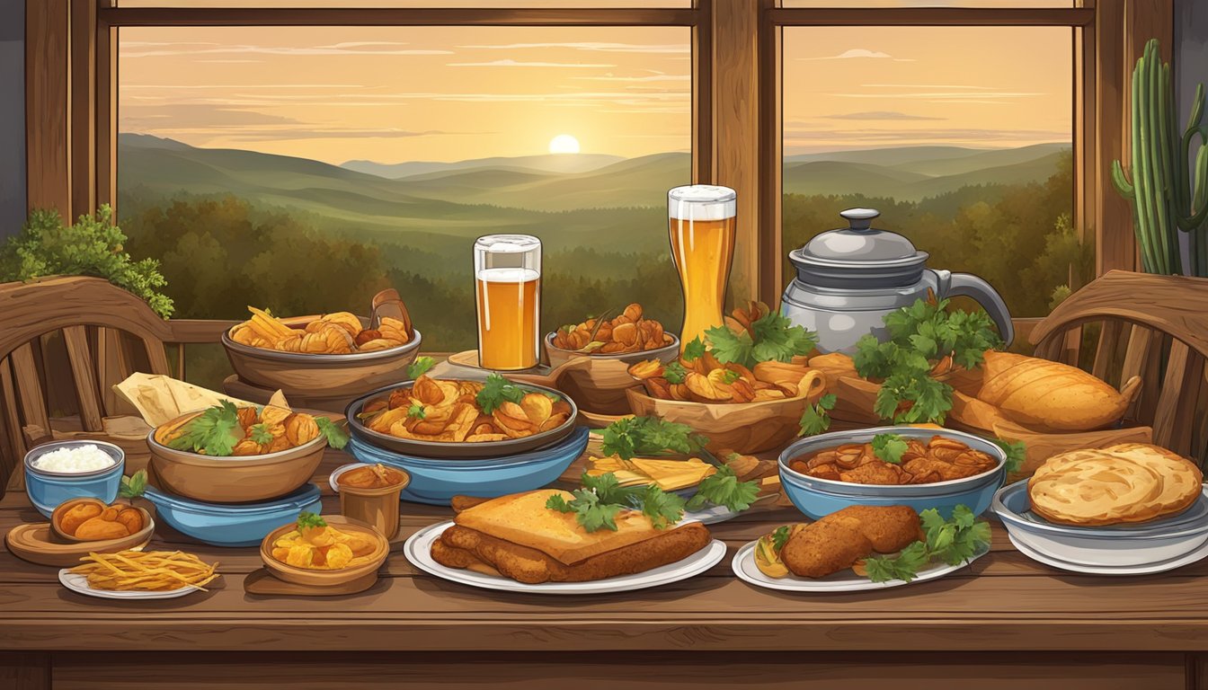 A table set with traditional German-Texan dishes surrounded by cultural symbols and decorations