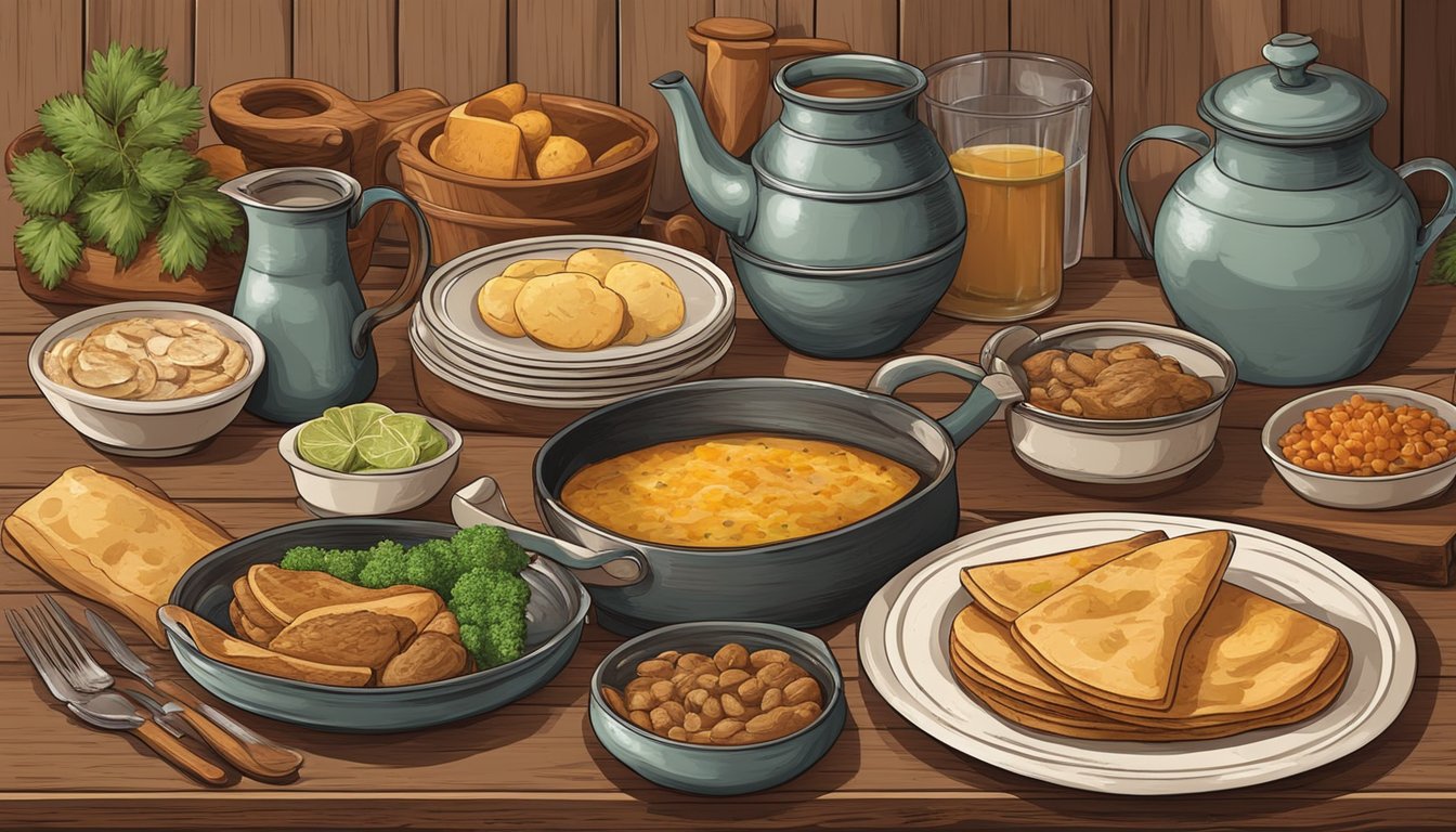 A rustic wooden table set with traditional German Texan dishes, surrounded by vintage cookware and ingredients