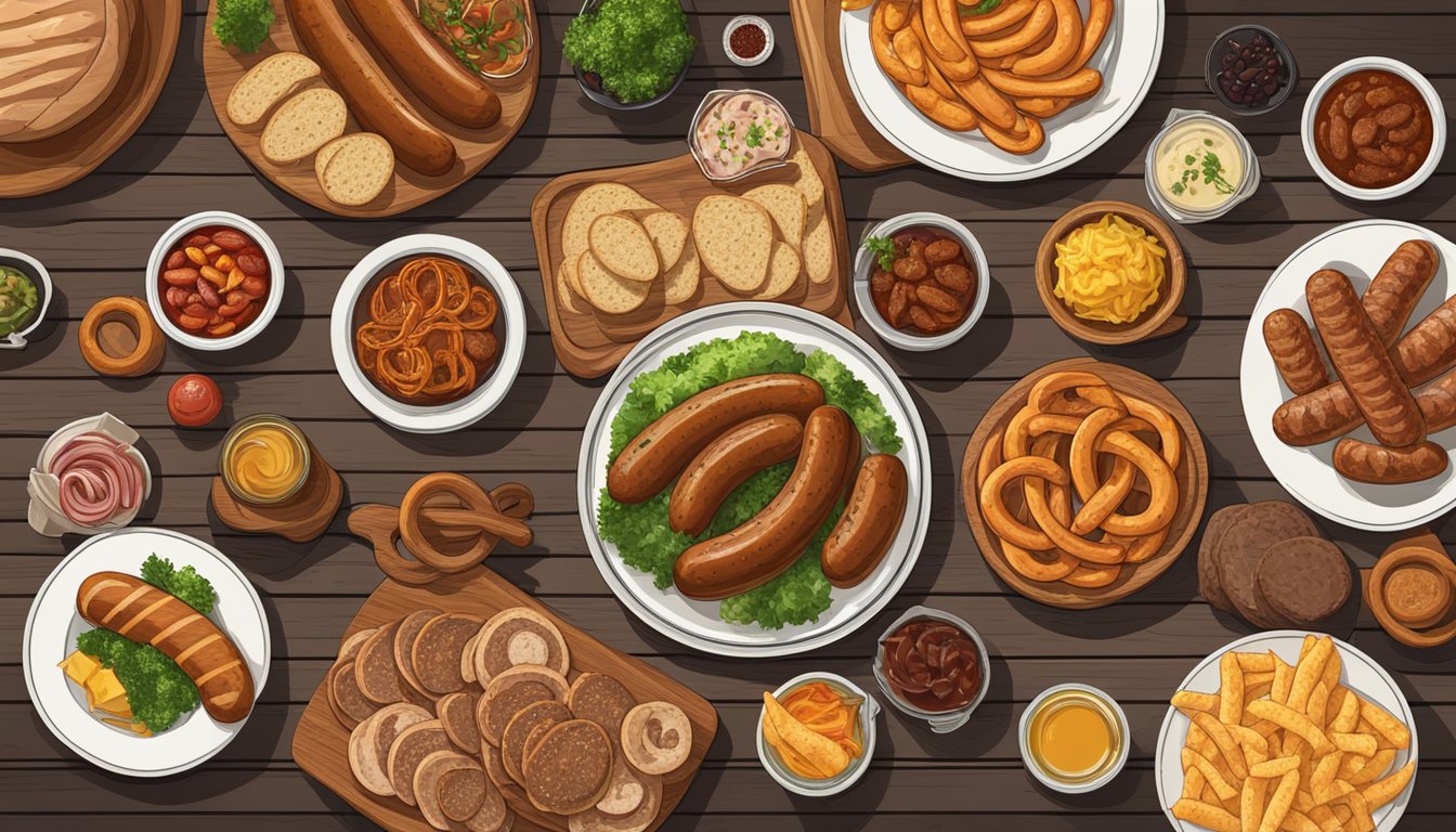 A rustic wooden table with a spread of German and Texan dishes, including sausages, pretzels, BBQ meats, and traditional sides