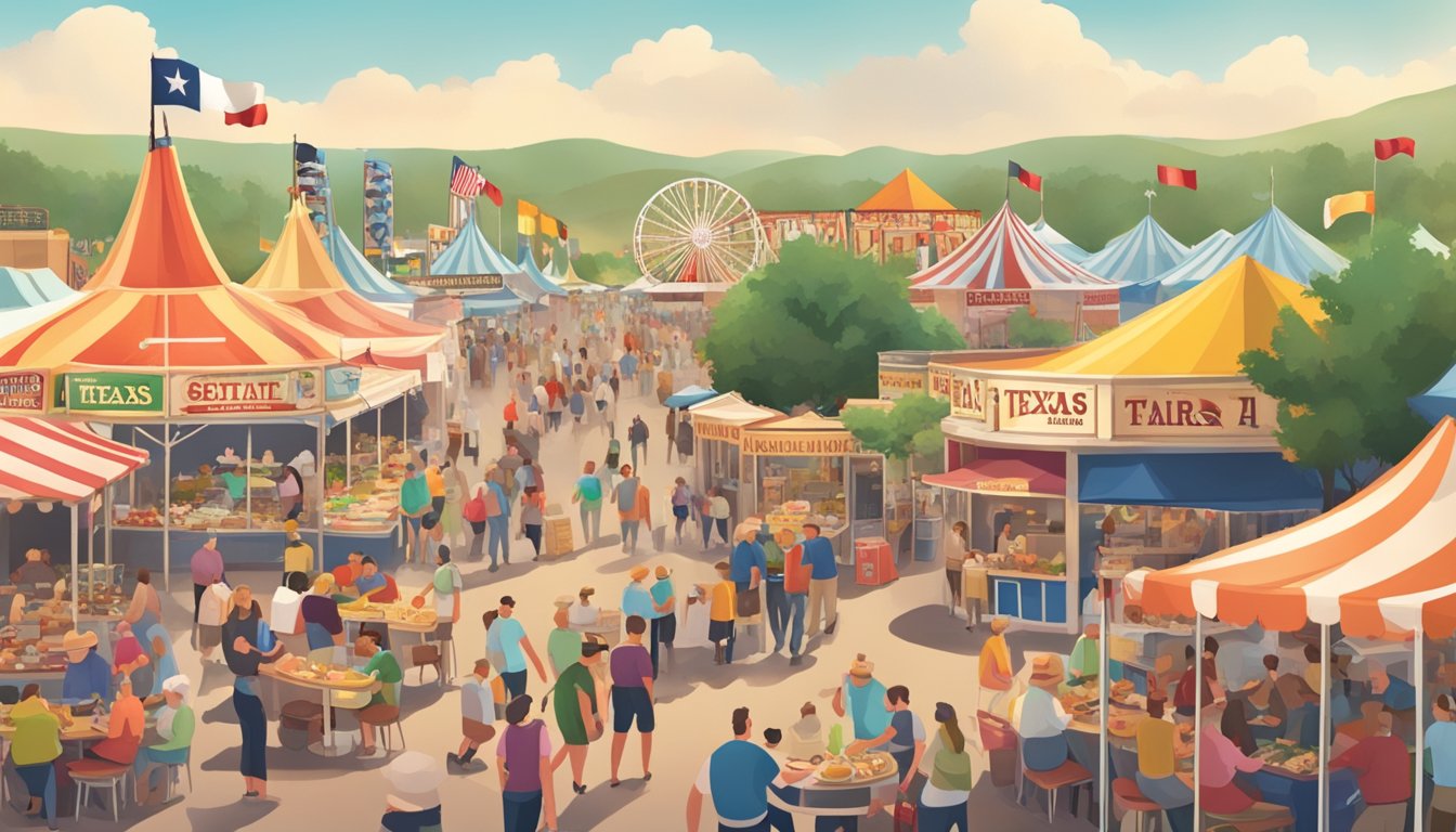 A bustling Texas state fair with vendors serving up traditional German cuisine alongside classic fair food