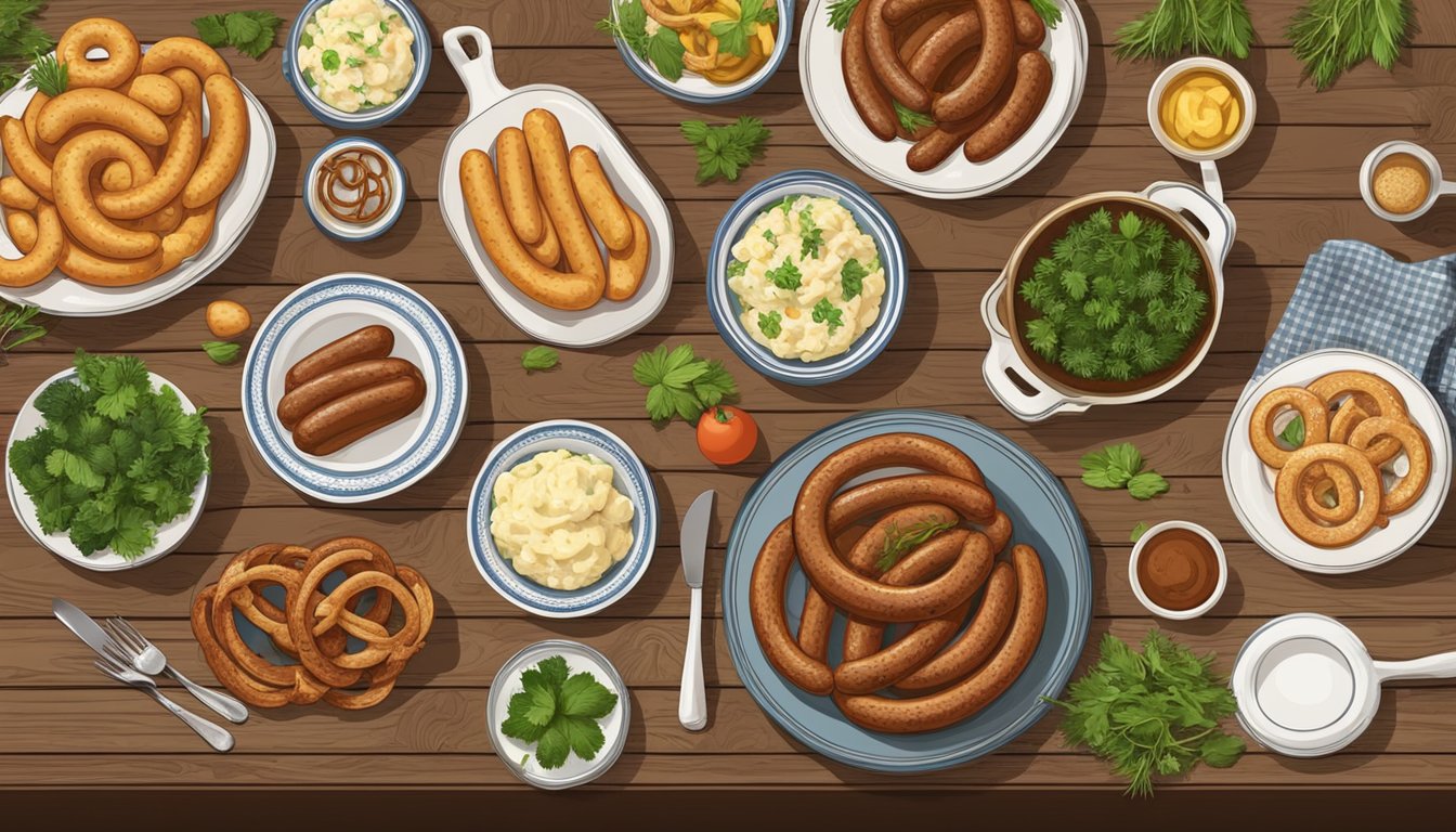 A rustic wooden table set with German Texan dishes, including sausages, pretzels, and potato salad, arranged with vintage cookware and fresh herbs