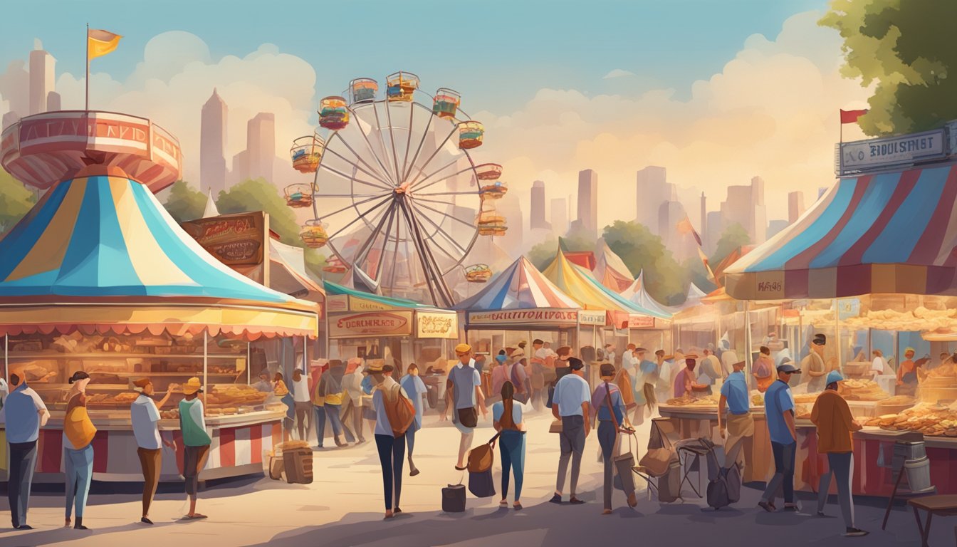 A bustling fairground with vendors selling bratwurst, schnitzel, and strudel alongside classic Texan fare like BBQ and fried foods