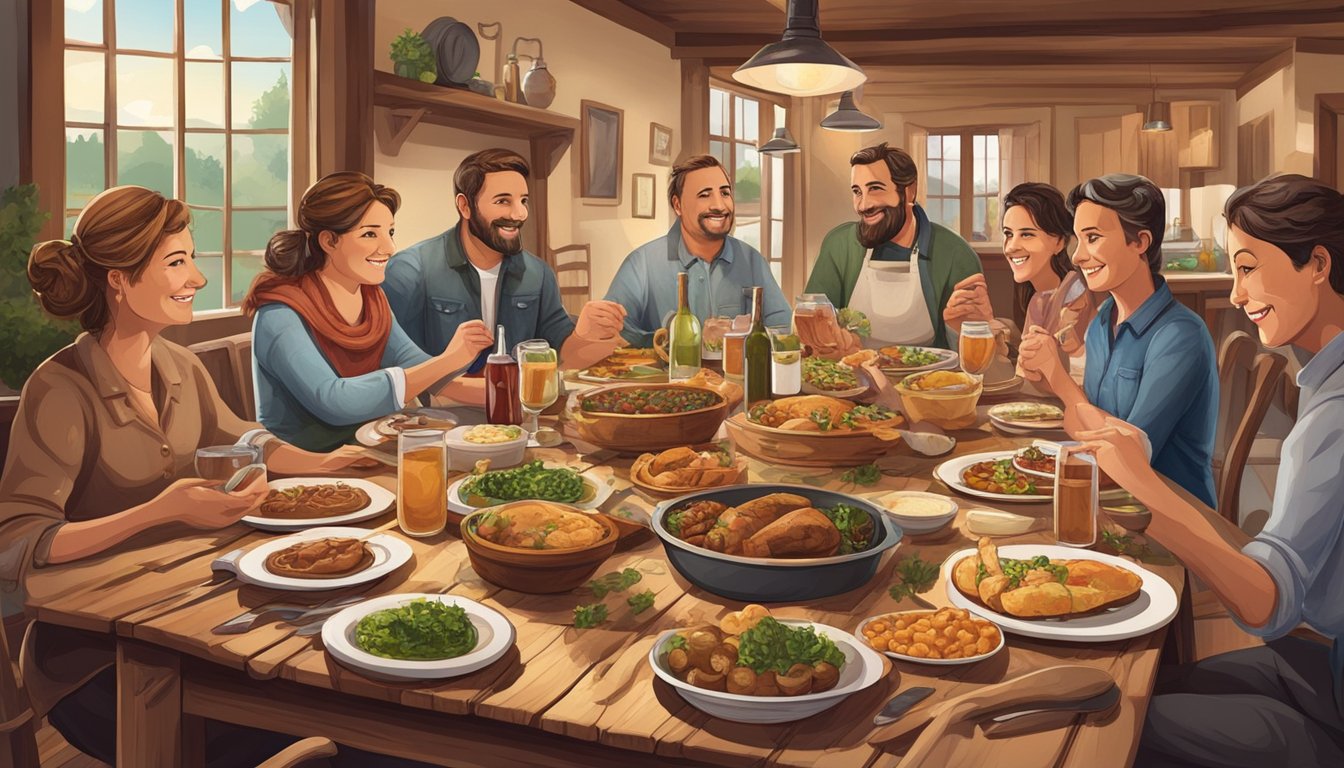 A rustic dining table set with traditional German-Texan dishes, surrounded by family members enjoying a home-cooked meal