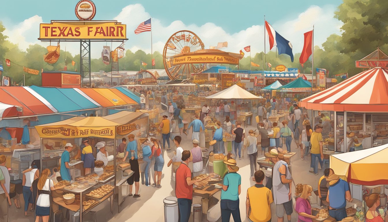 A bustling Texas state fair with vendors serving up German classics like bratwurst, schnitzel, and pretzels alongside traditional Texan fare