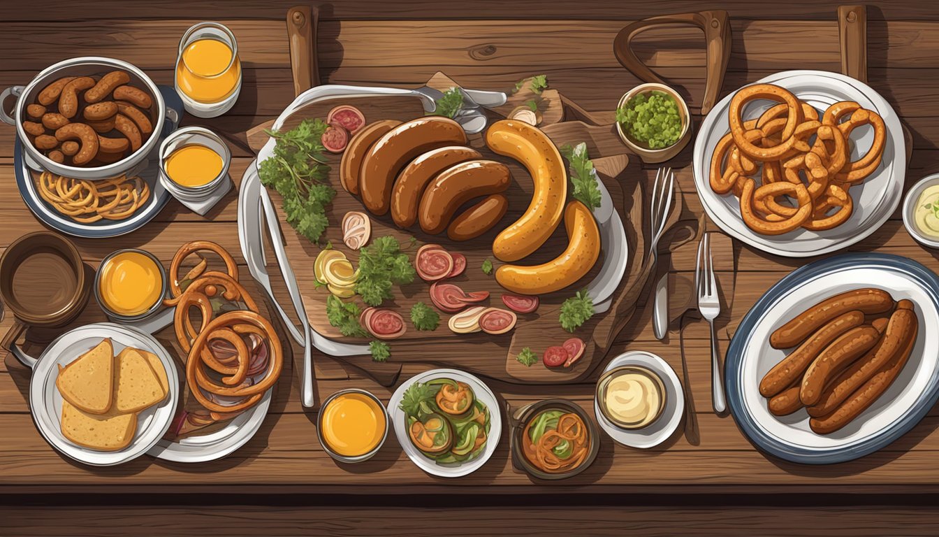 A rustic wooden table set with a spread of German Texan dishes, including sausages, pretzels, and pickled vegetables, with vintage cookware and a warm, inviting ambiance