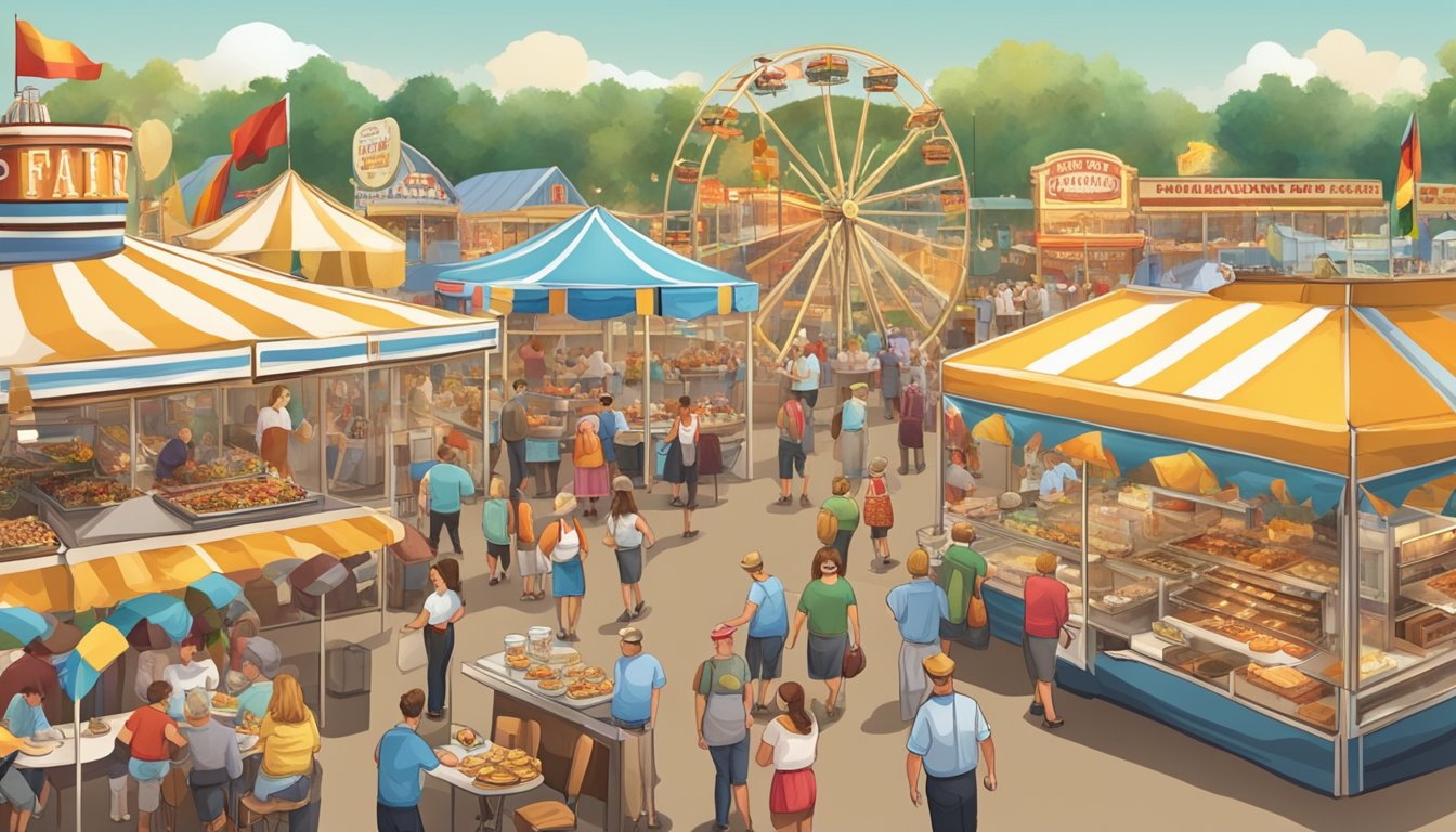 A bustling Texas state fair scene with vendors serving up a fusion of traditional German cuisine and classic fair foods