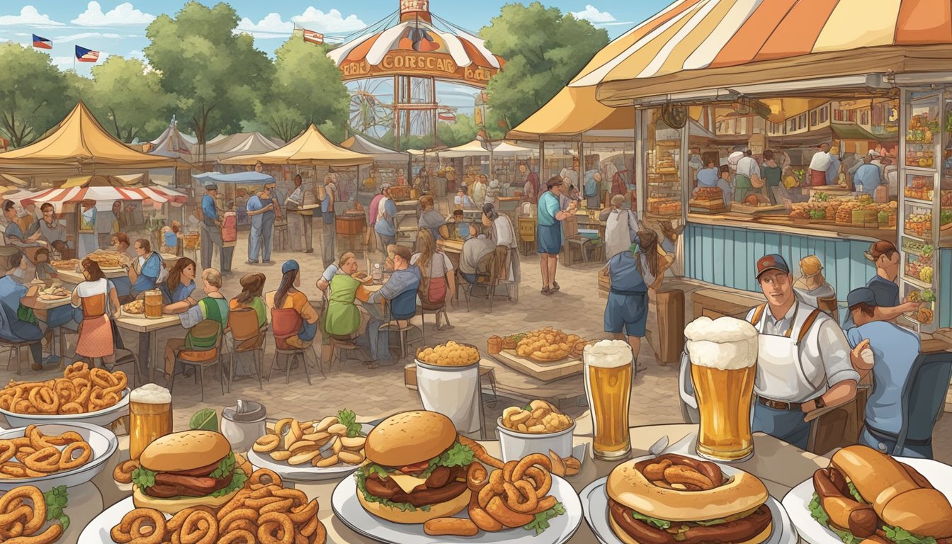 A traditional German beer garden with pretzels, sausages, and steins of beer, surrounded by Texas State Fair food vendors offering German-inspired dishes