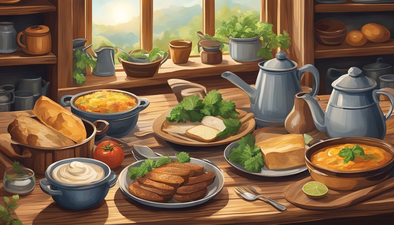 A rustic wooden table set with traditional German and Texan dishes, surrounded by vintage cookware and fresh ingredients. Bright natural light streams in from a nearby window, casting a warm glow over the scene