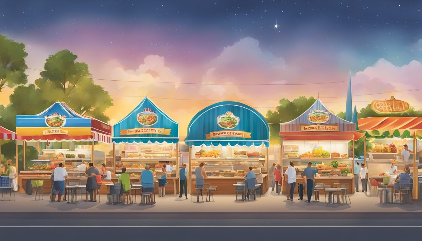 Colorful food vendors display modern German-Texan fusion dishes at the bustling Texas State Fair, showcasing innovative flavors and interpretations of traditional German cuisine