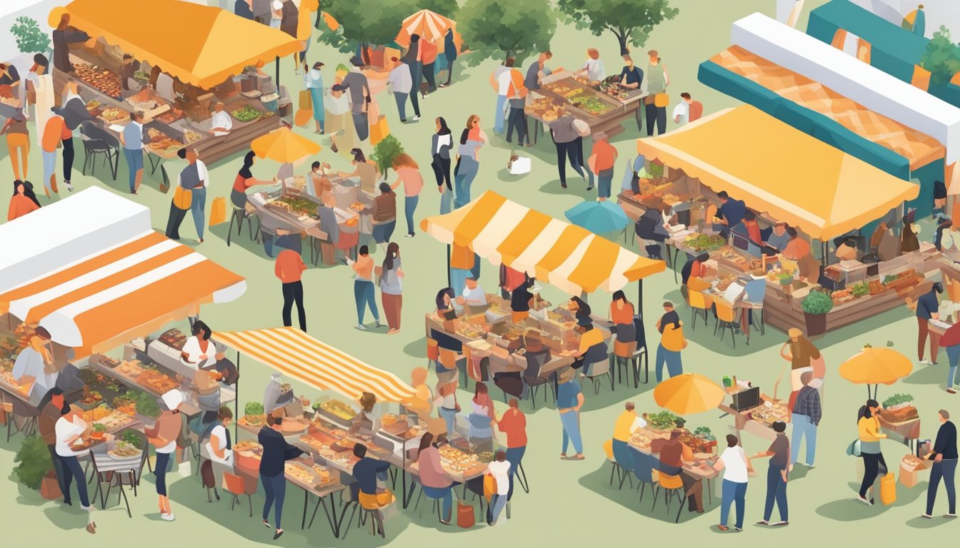 A bustling outdoor food festival with German and Texan food stalls, bloggers and influencers sampling and sharing dishes