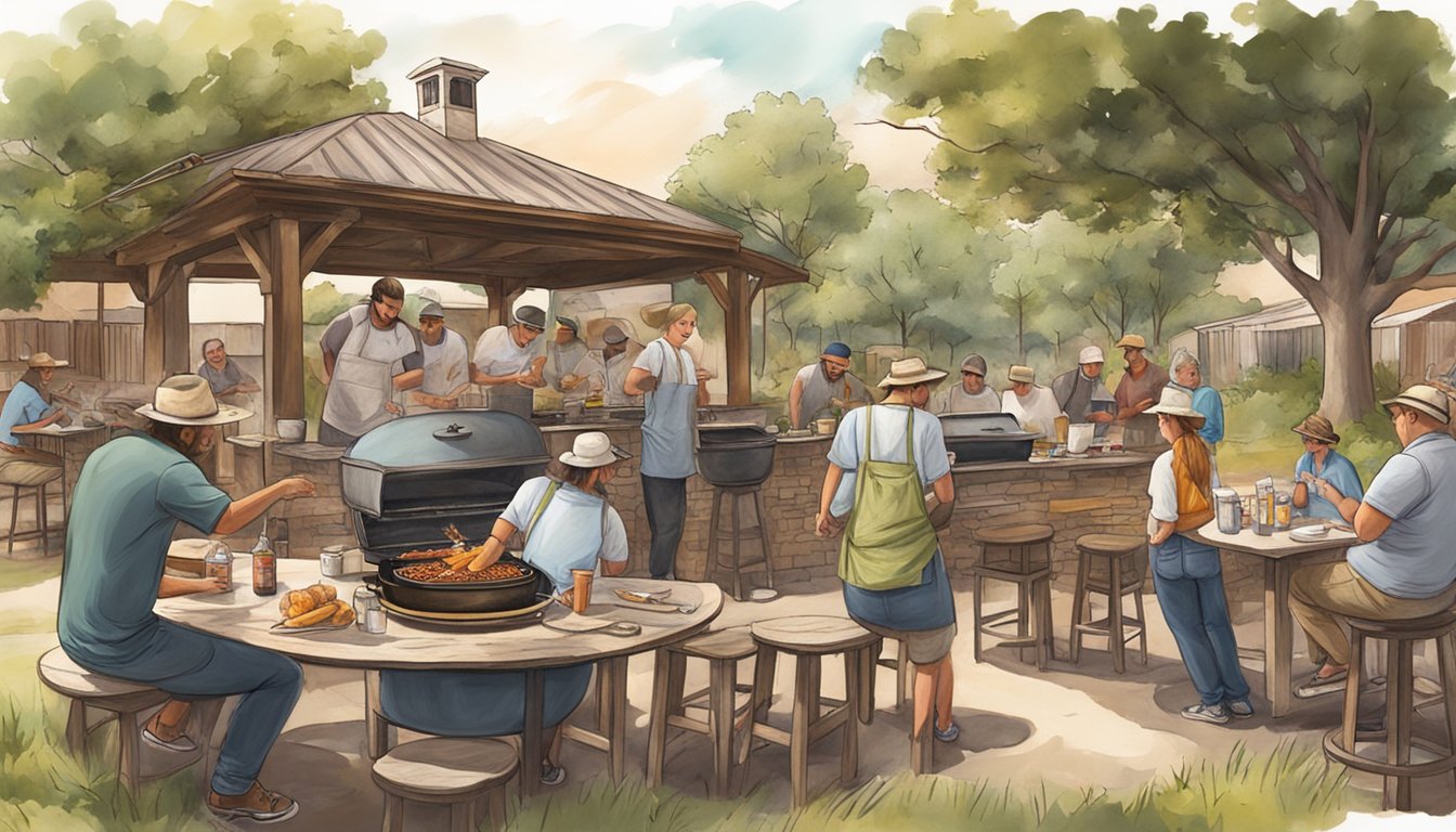 A rustic outdoor BBQ pit surrounded by a group of local artists painting and sketching, capturing the essence of Lockhart's culinary heritage