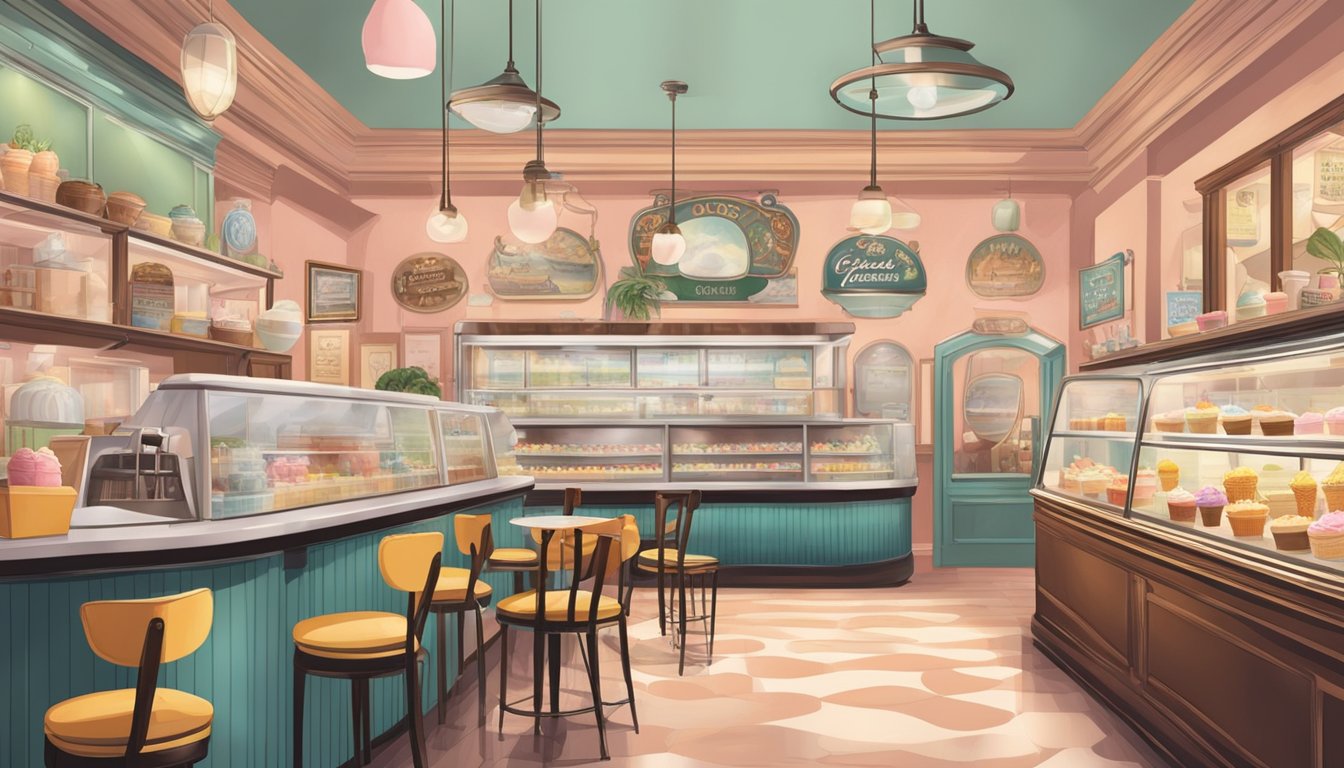 A bustling ice cream parlor with vintage decor and colorful gelato displays. Customers enjoy unique flavors in a cozy, nostalgic atmosphere