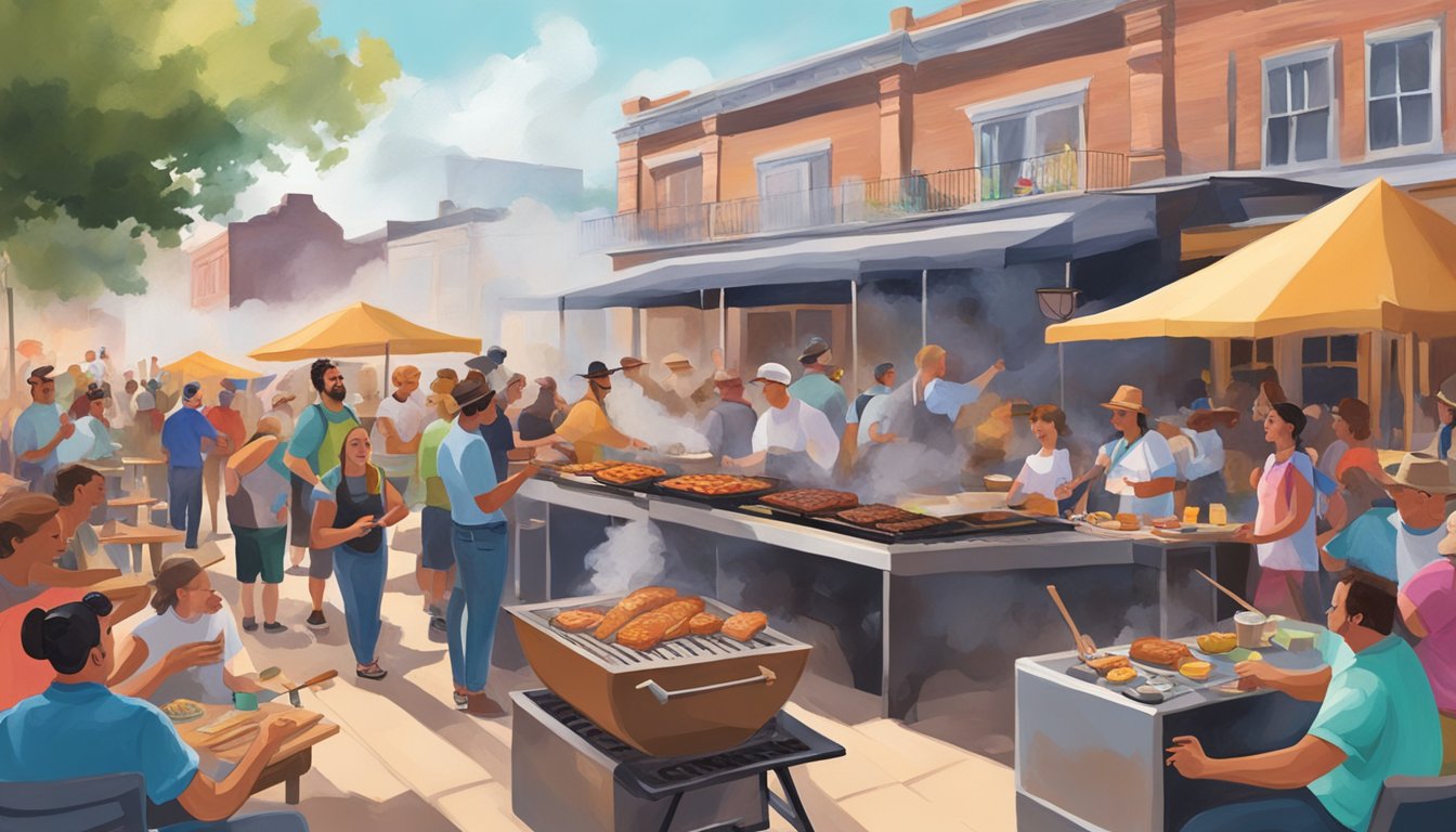 A colorful outdoor BBQ festival with local artists painting scenes of Lockhart's culinary heritage. Smoke rises from grills as people enjoy food and music