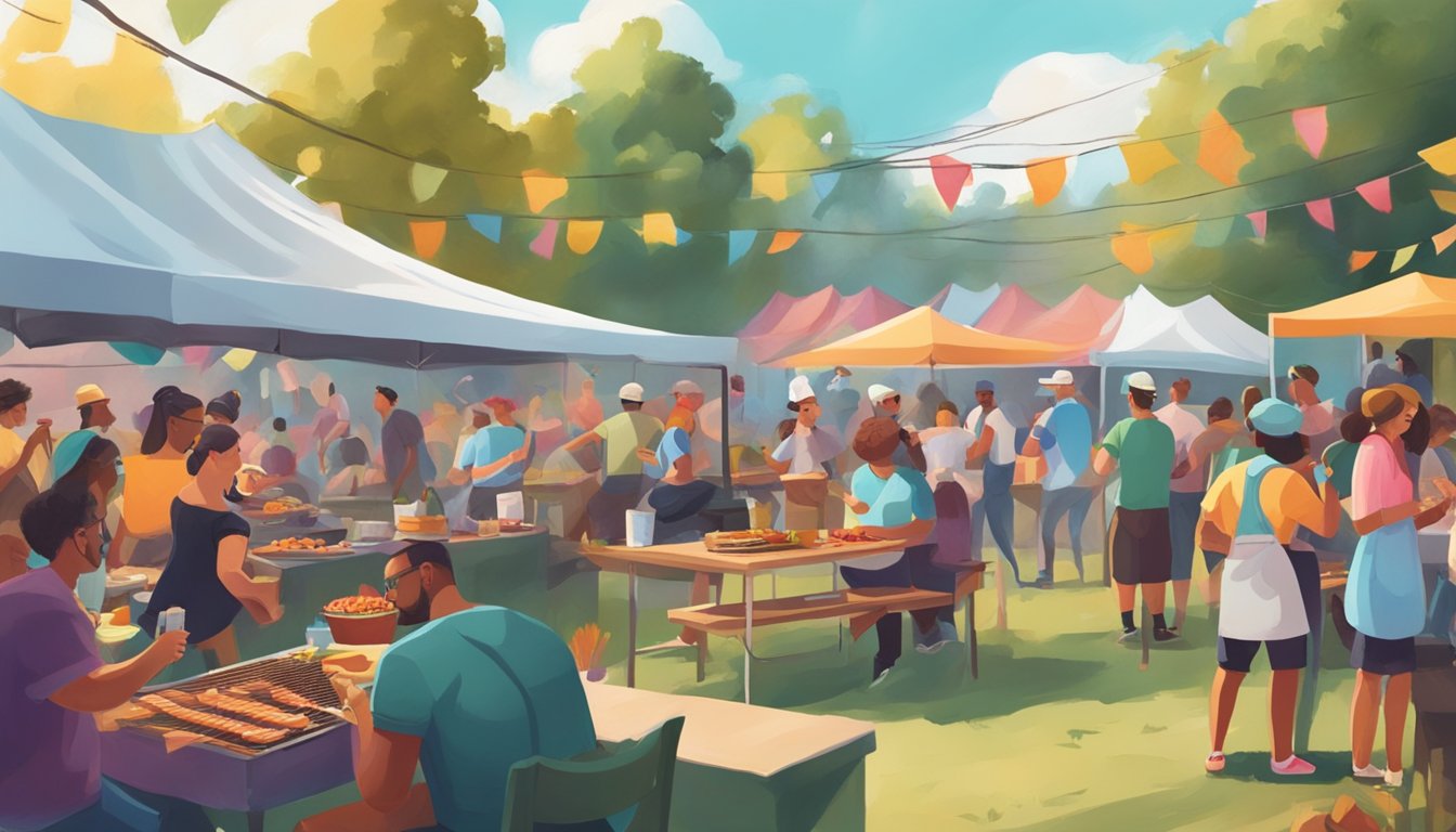 A colorful outdoor BBQ festival with smoke rising from grills, people enjoying food and music, and local artists painting the scene