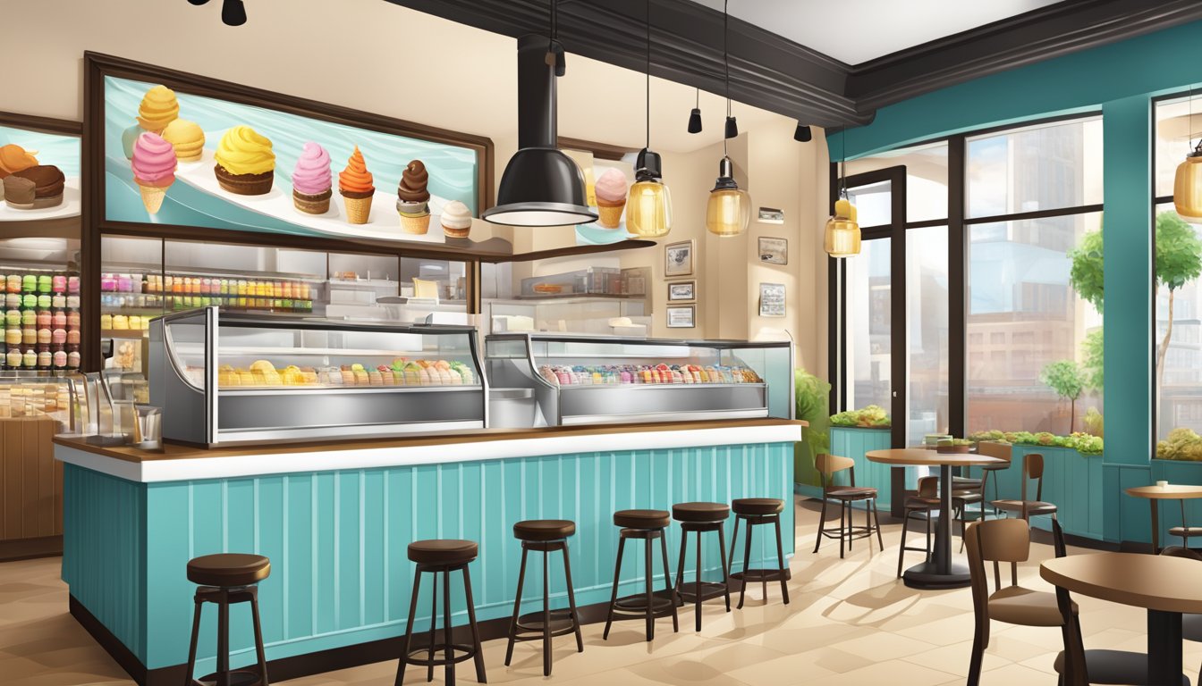 A modern German Texan ice cream parlor with a mix of traditional and contemporary design elements, serving a variety of gelato flavors in a bustling urban setting