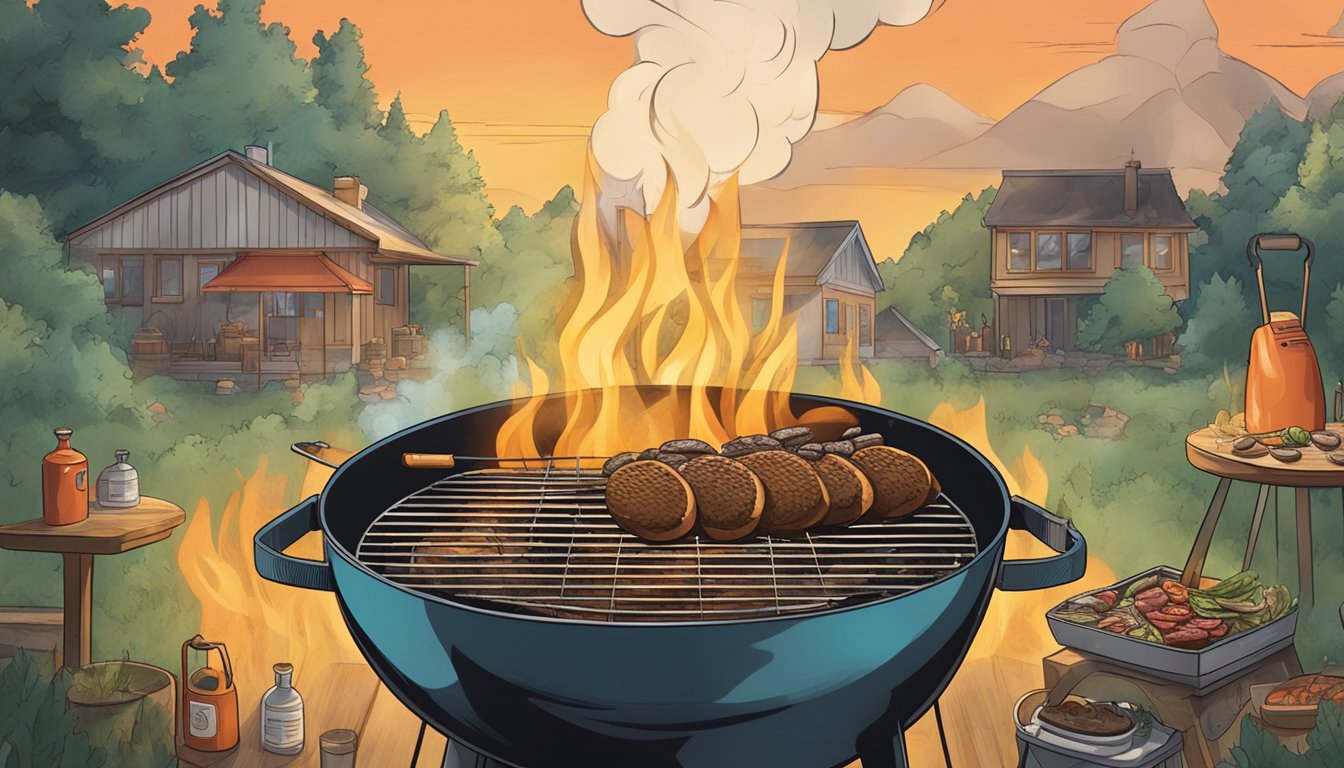 A barbecue grill with smoke rising from the hot coals, surrounded by myth-busting imagery