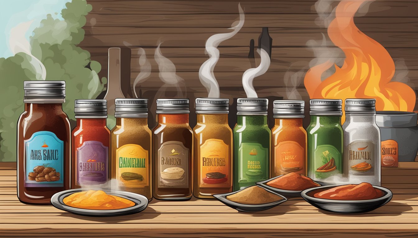 A colorful array of sauces, rubs, and flavor enhancers displayed on a rustic wooden table, with smoke rising from a nearby barbecue grill