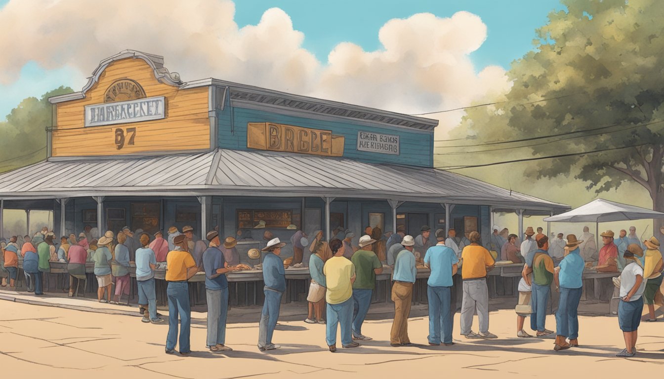 A bustling barbecue joint in Lockhart, Texas, with smoke billowing from the pit and hungry patrons lined up outside