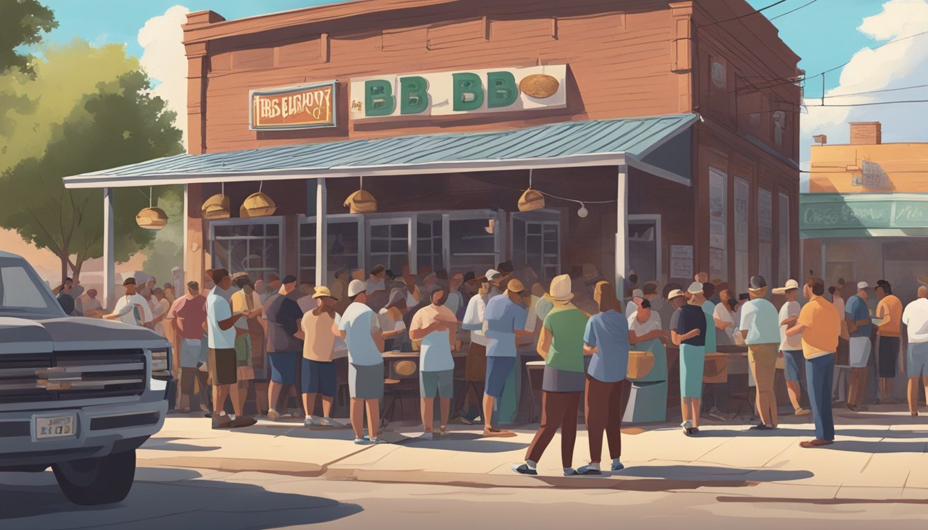 A sunny afternoon at a bustling BBQ joint in Lockhart, with smoke billowing from the pit and hungry patrons lined up outside