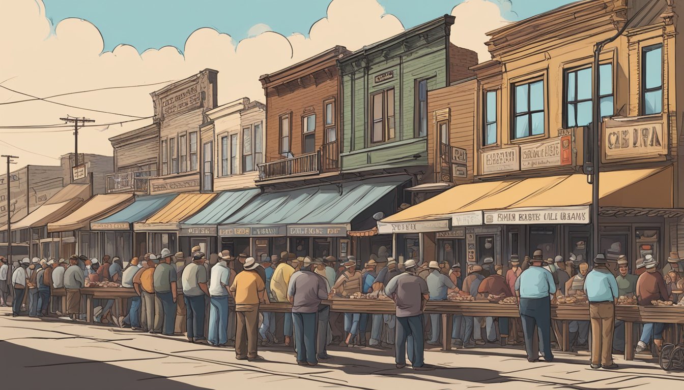 A bustling street in Lockhart, Texas, lined with iconic BBQ joints. Smoke billows from the pits as hungry patrons line up for the best ribs and brisket in town