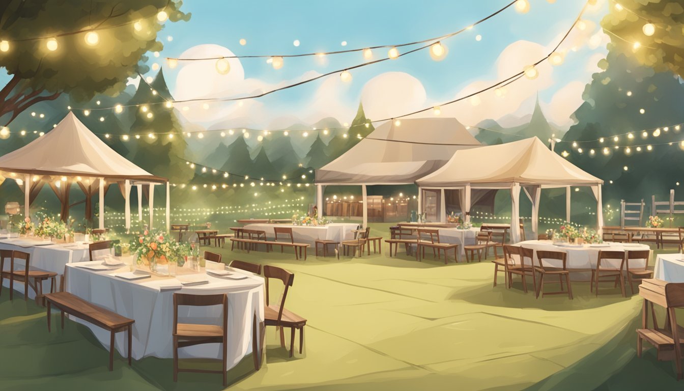 A rustic outdoor wedding venue with BBQ decor, string lights, and picnic tables set up for a reception