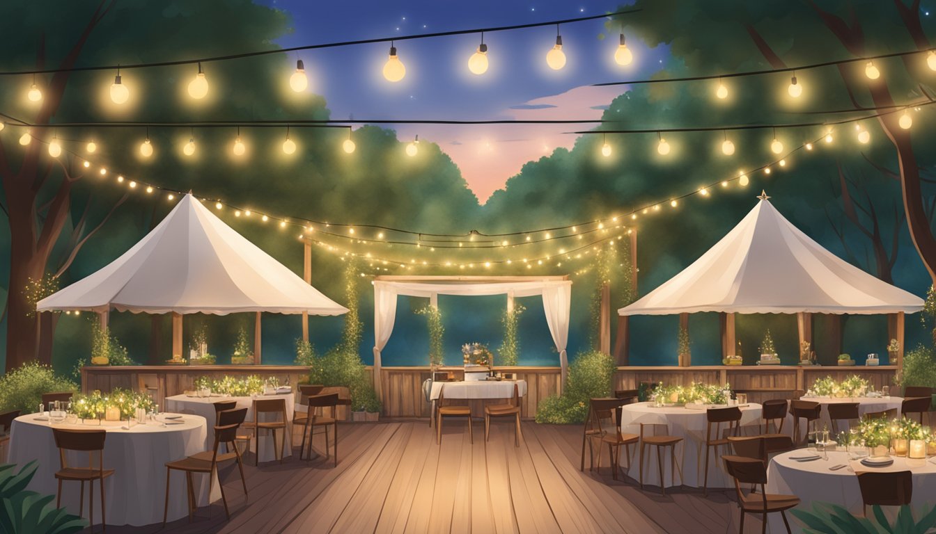 A rustic outdoor wedding venue with BBQ-themed decor, surrounded by lush greenery and adorned with string lights