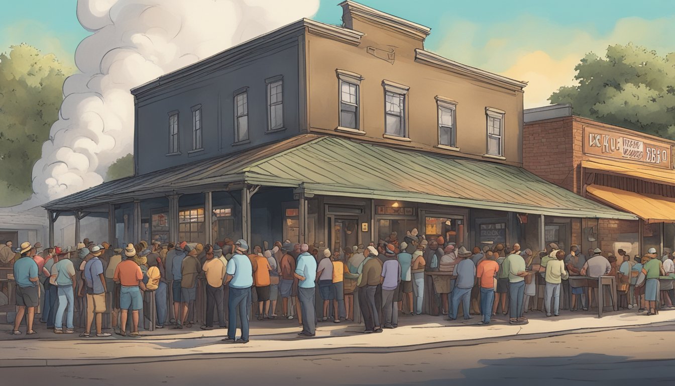 A bustling BBQ joint in Lockhart, smoke billowing from the pit, as hungry patrons line up outside, eager to avoid the crowds and potential sellouts