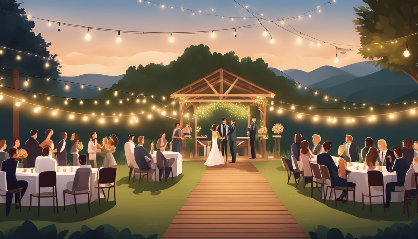 A rustic outdoor wedding venue with BBQ-themed decorations, string lights, and a wooden dance floor surrounded by lush greenery