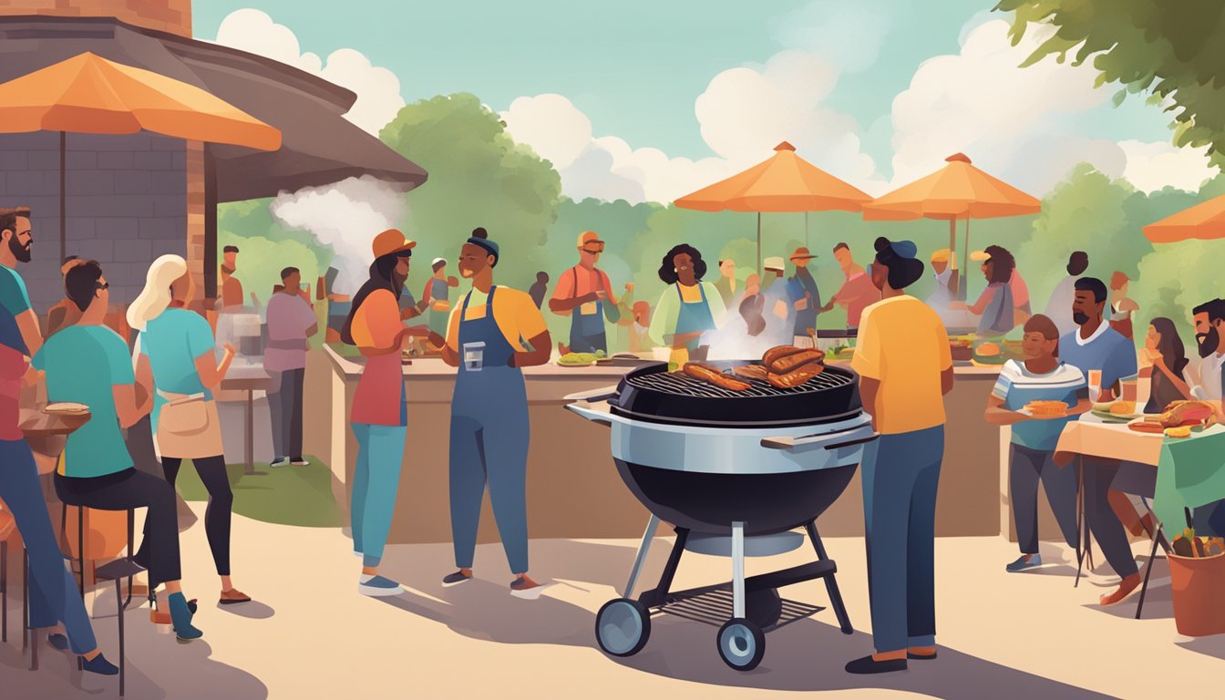 A bustling outdoor BBQ event with smoke rising from grills, people chatting, and a lively atmosphere