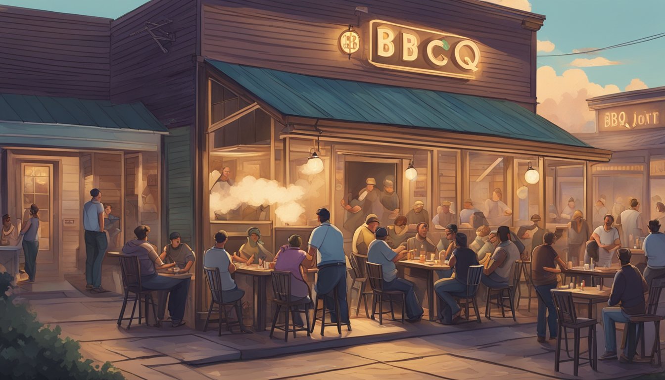 A bustling BBQ joint in Lockhart, with smoke billowing from the pit, patrons enjoying their meals, and a line forming outside the door