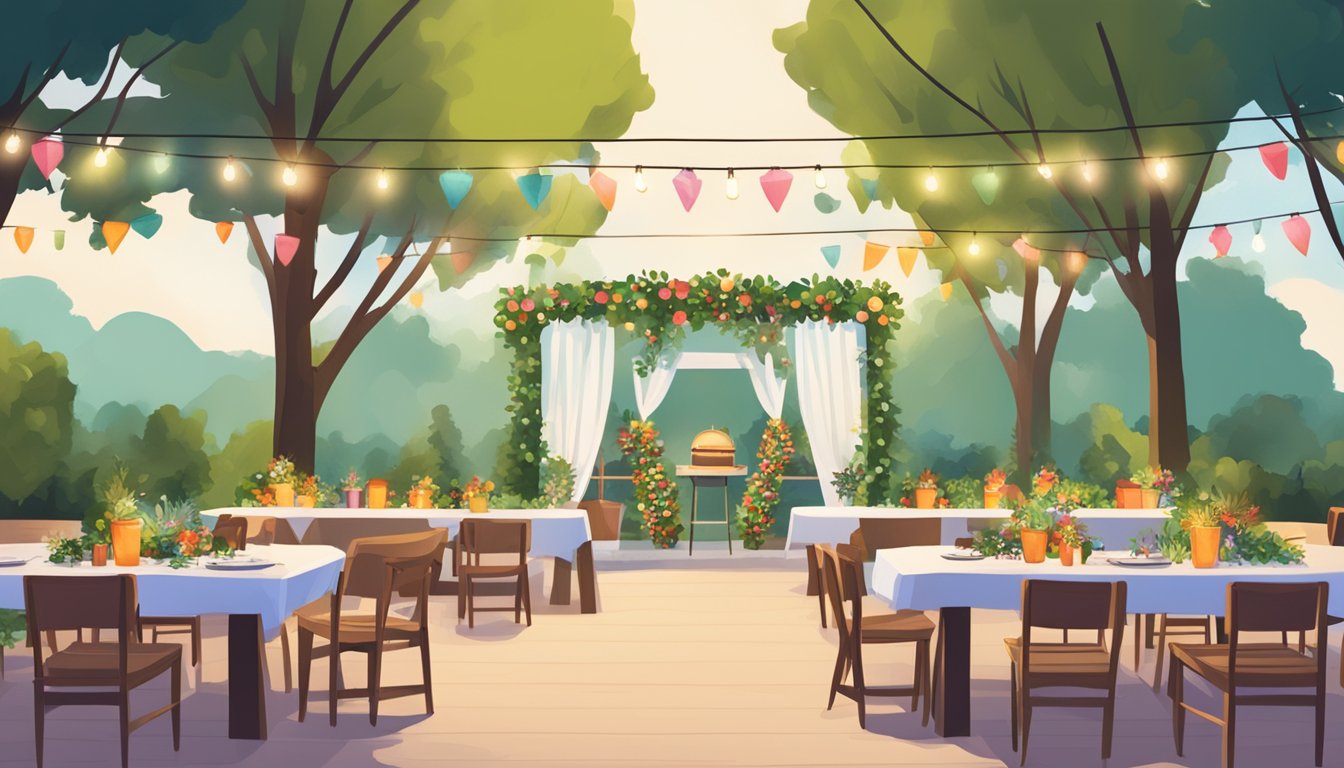 A festive outdoor wedding venue with BBQ grills, picnic tables, and string lights surrounded by lush greenery and colorful decorations