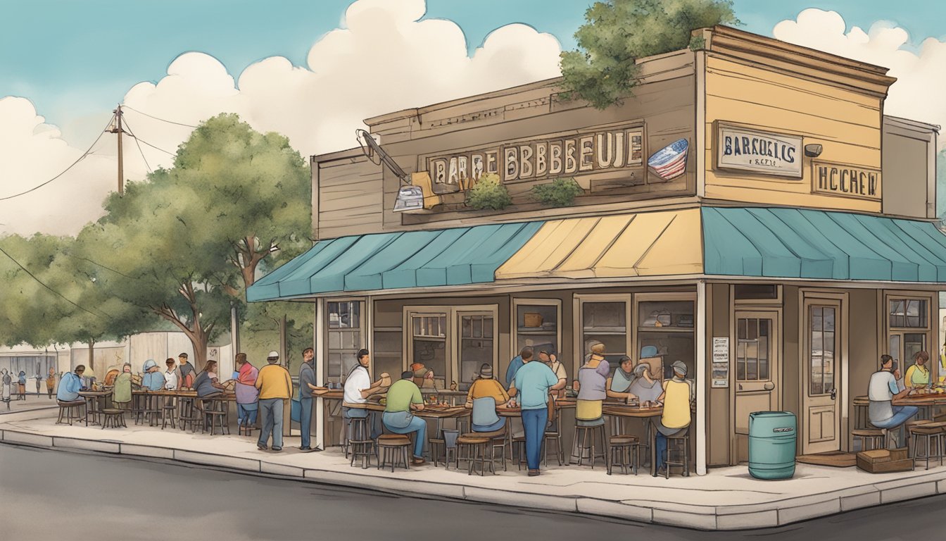 A peaceful, bustling barbecue joint in Lockhart, filled with satisfied customers enjoying their meals without the hassle of long lines or sold-out items