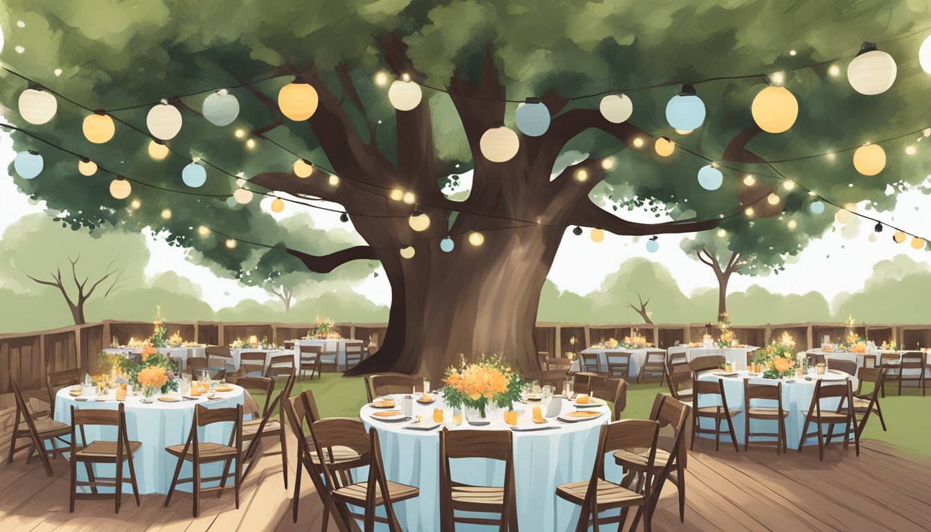 A festive outdoor wedding reception in Lockhart, Texas, with barbecue-themed decor, string lights, and rustic wooden tables set up under a large oak tree