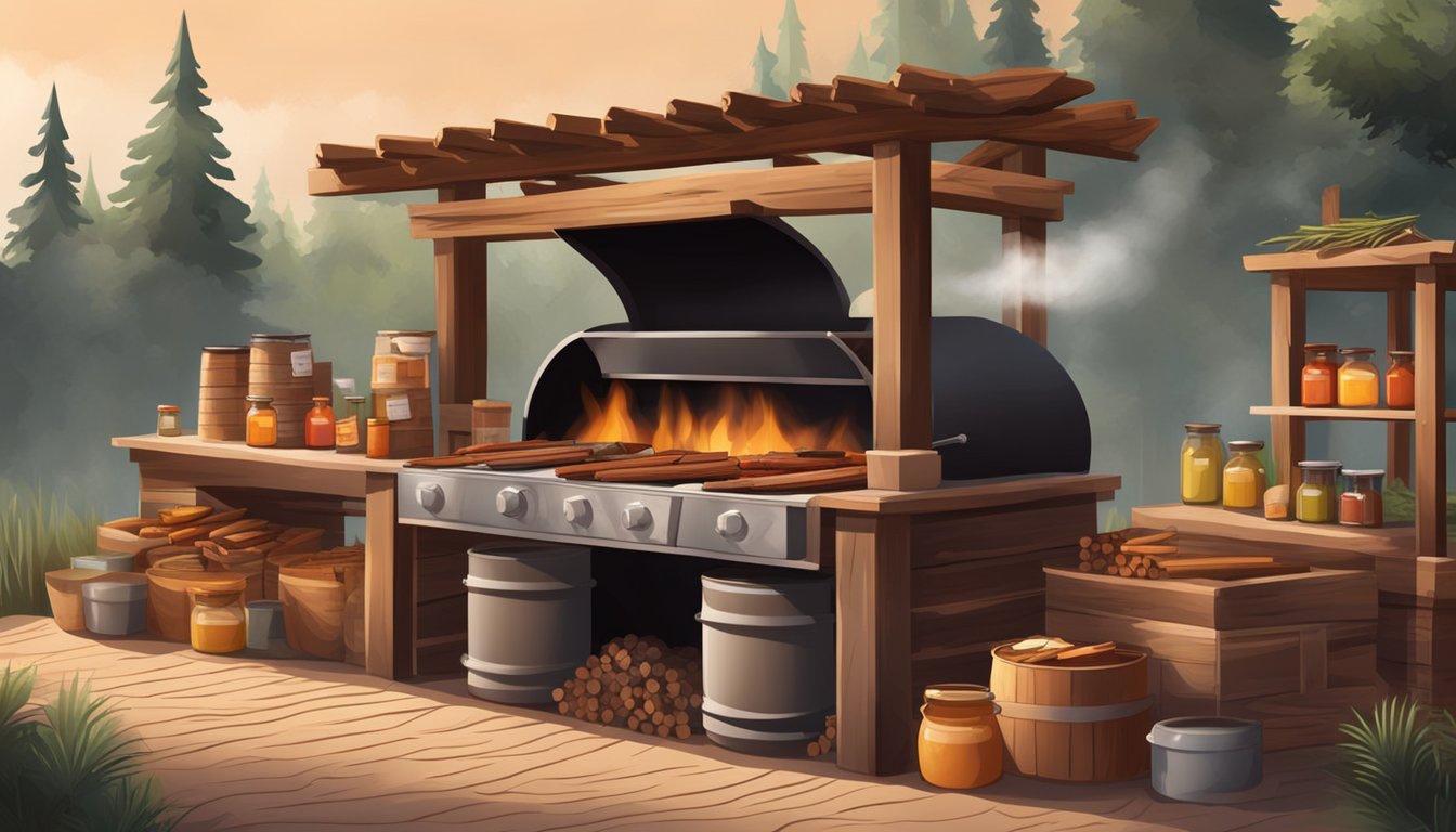 A rustic outdoor barbecue pit with a smoky haze, surrounded by stacks of wood and shelves of spices and sauces