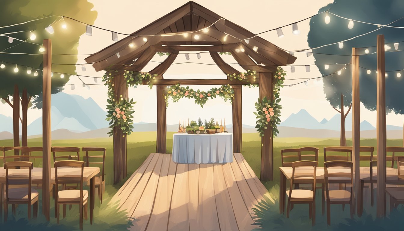 A rustic outdoor wedding venue with BBQ-themed decorations, string lights, and a wooden arch for the ceremony