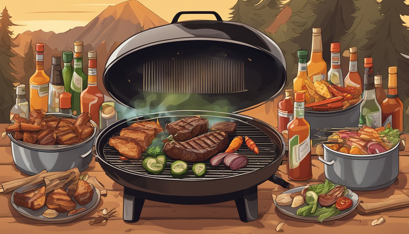 A sizzling grill with various meats and vegetables surrounded by BBQ sauce bottles and smoking wood chips