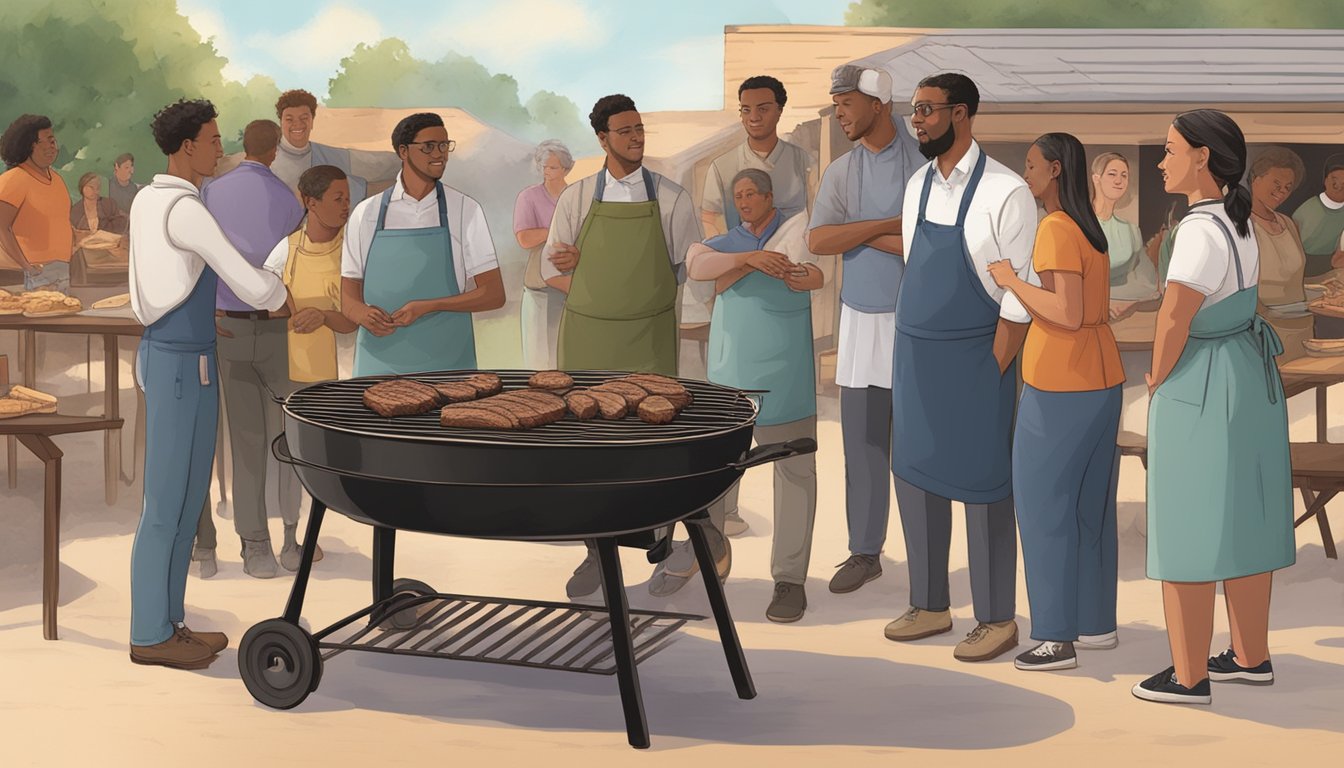 A group of students and educators gather around a barbecue pit, learning and sharing the historical significance of barbecue in Lockhart's culinary education system