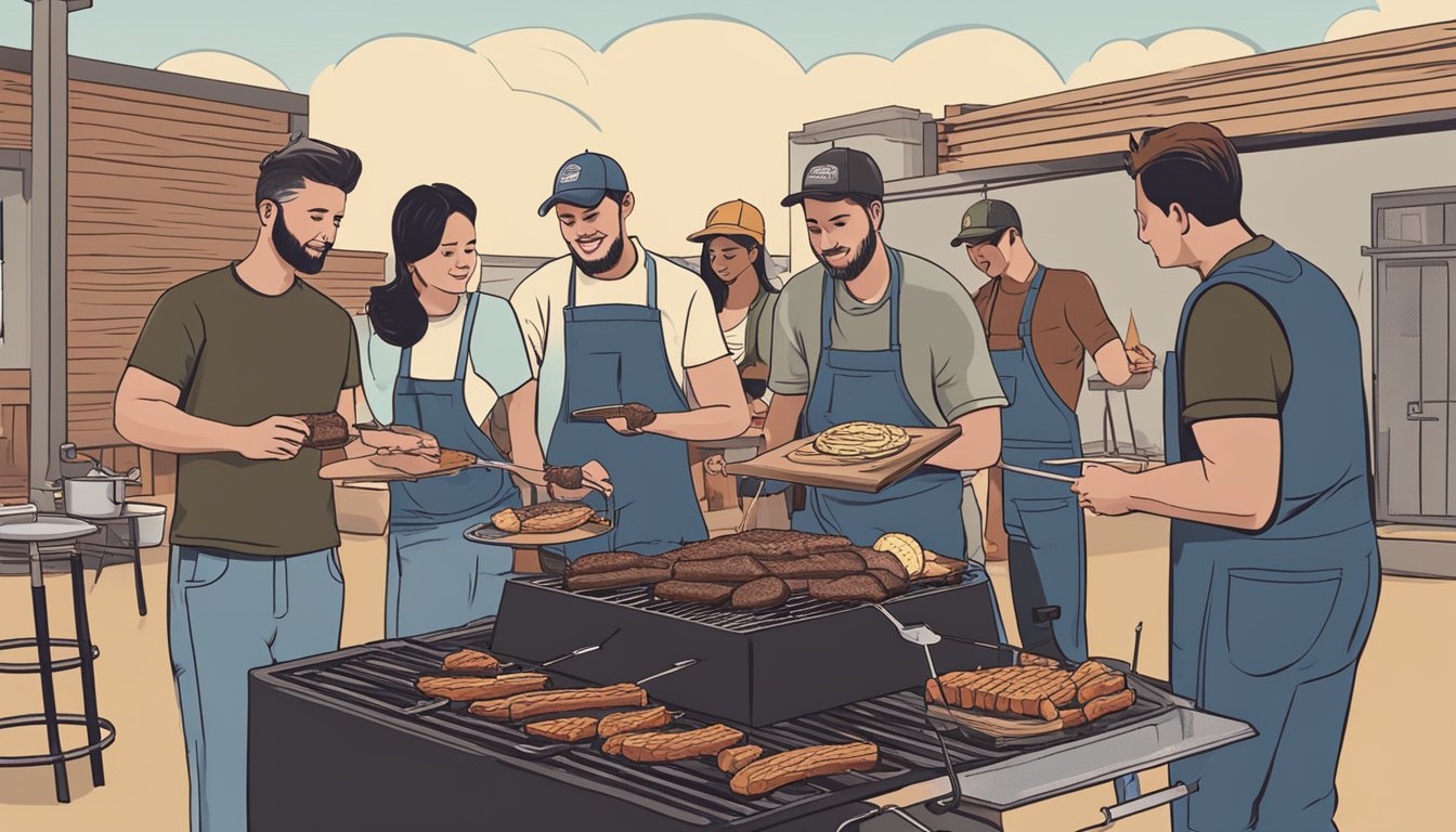 A group of students gather around a BBQ pit, learning the art of grilling and smoking meats. Instructors guide them through the process, emphasizing the importance of BBQ in Lockhart's culinary education