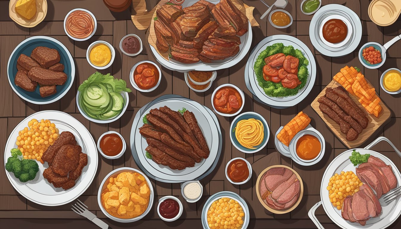 A table with plates of BBQ dishes, surrounded by ingredients like meats, vegetables, and sauces. Nutritional labels are displayed next to each item