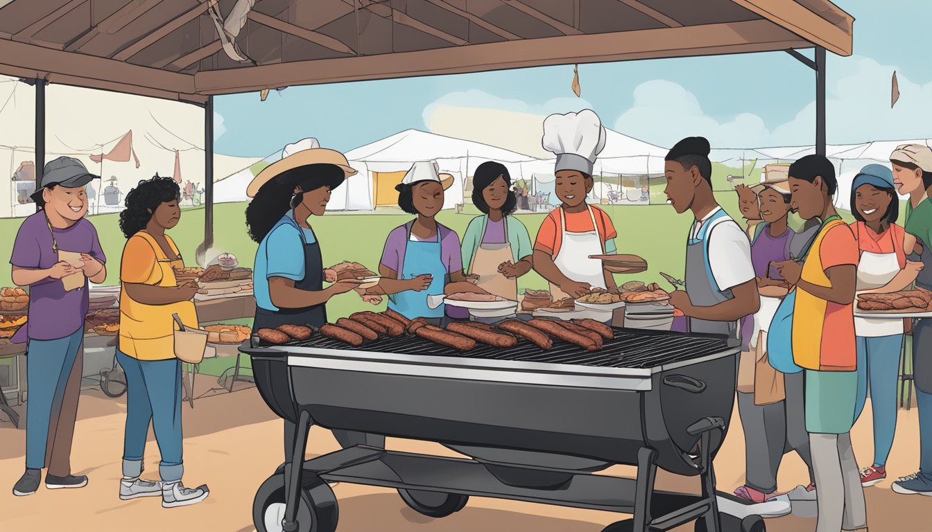 A bustling BBQ festival in Lockhart, with students and community members participating in culinary programs and workshops. The aroma of smoked meats fills the air as families gather to celebrate and learn