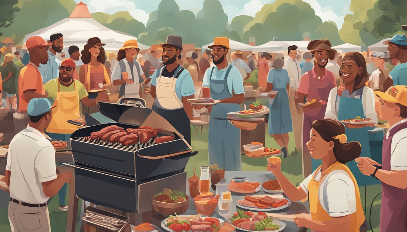 A bustling outdoor BBQ event with people wearing meat-themed clothing and accessories. Grills are sizzling, smoke is rising, and the atmosphere is filled with the aroma of barbecued meats