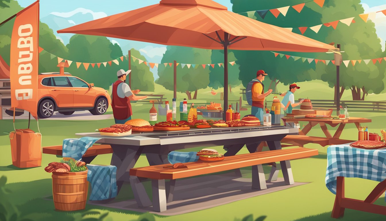 A vibrant outdoor BBQ setting with meat-themed clothing and accessories displayed on picnic tables, surrounded by grilling equipment and decorative meat-themed banners